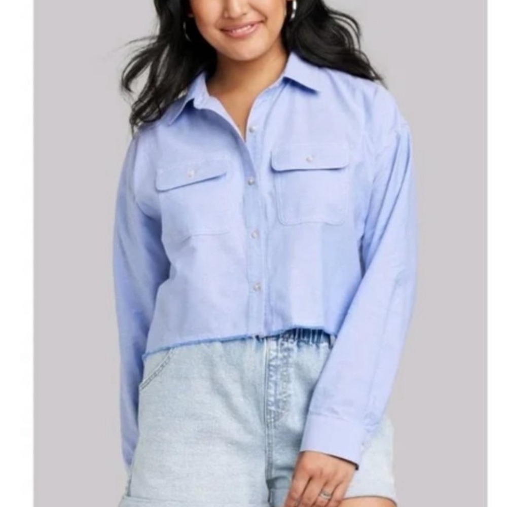 Wild Fable Sky Blue Cropped Collared Shirt - Picture 1 of 7
